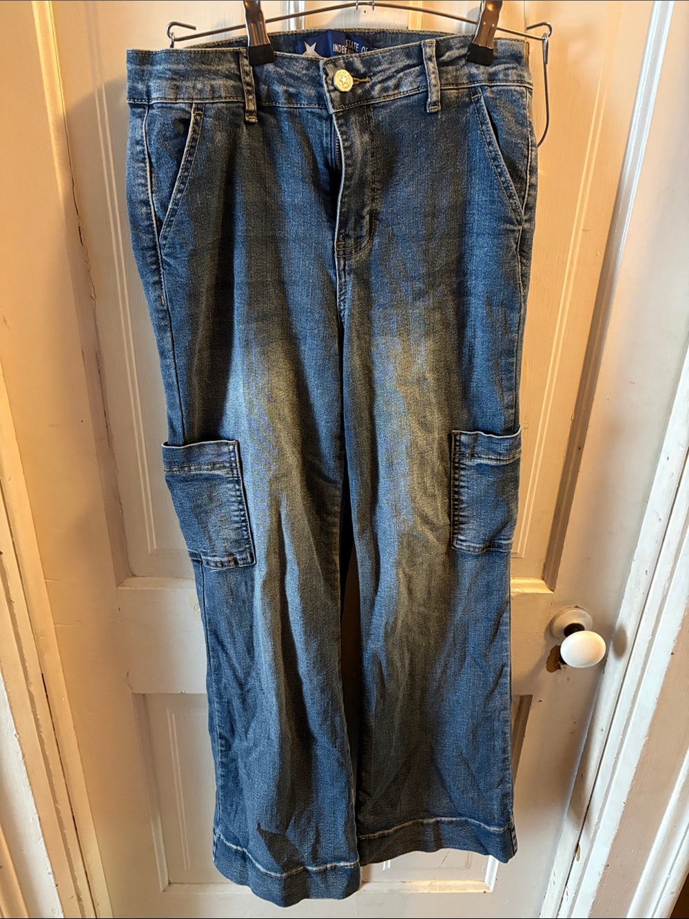 Wide Leg Denim Cargo Pants - Blue